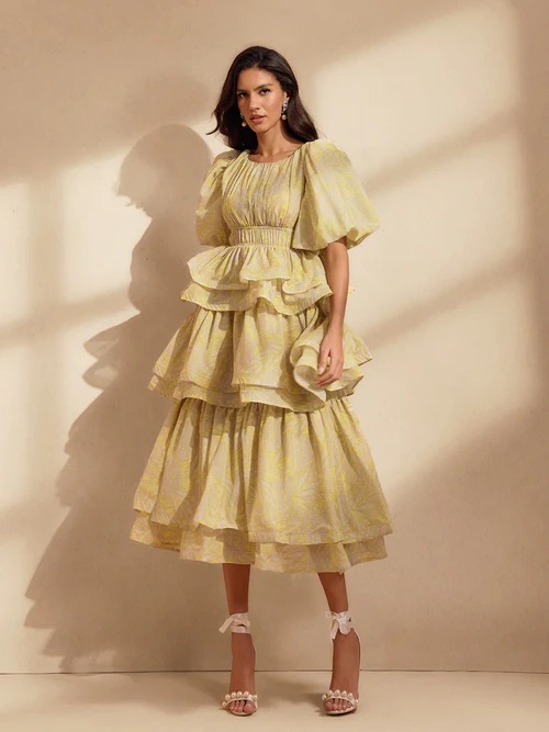 Tiered Puff-Sleeve Midi Dress In Pale Yellow